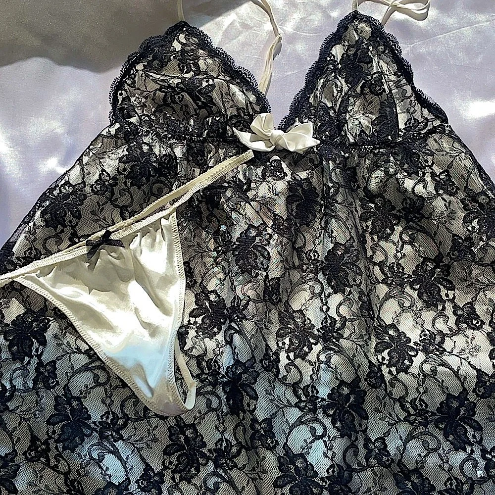 Victorias Secret Babydoll Black Lace & Satin Cami Nightie & Panty Lingerie Set - Picture 8 of 16